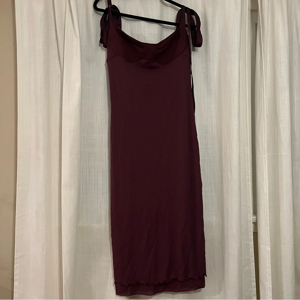 Free People Got Glam Mesh Slip Dress Midi Sleeveless Lettuce Trim Maroon L